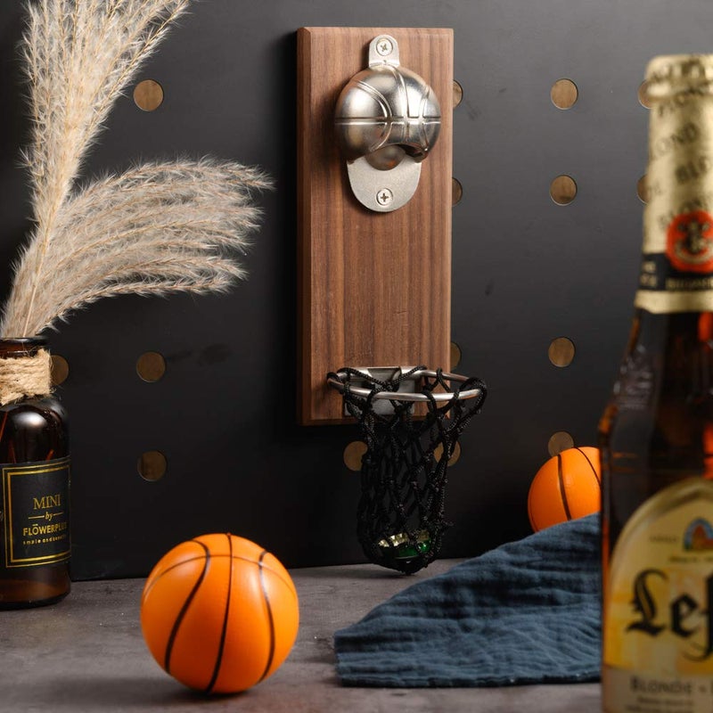 Arola Magnetic Basketball Bottle Opener, Wooden Wall Mounted Opener with Cap Collector Catcher, Ideal Gift for Basketball and Beer Lovers, Use as Kitchen-Yard-Bar Decoration - Image 3